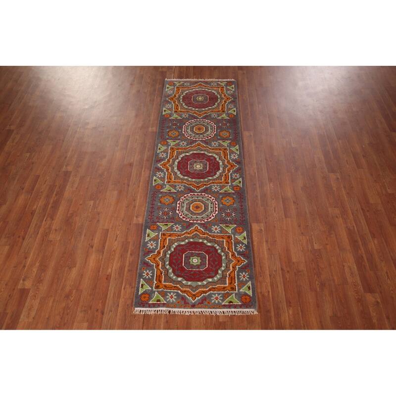 Geometric Kazak Oriental Runner Rug Handmade Wool Carpet - 2'6" X 7'11"