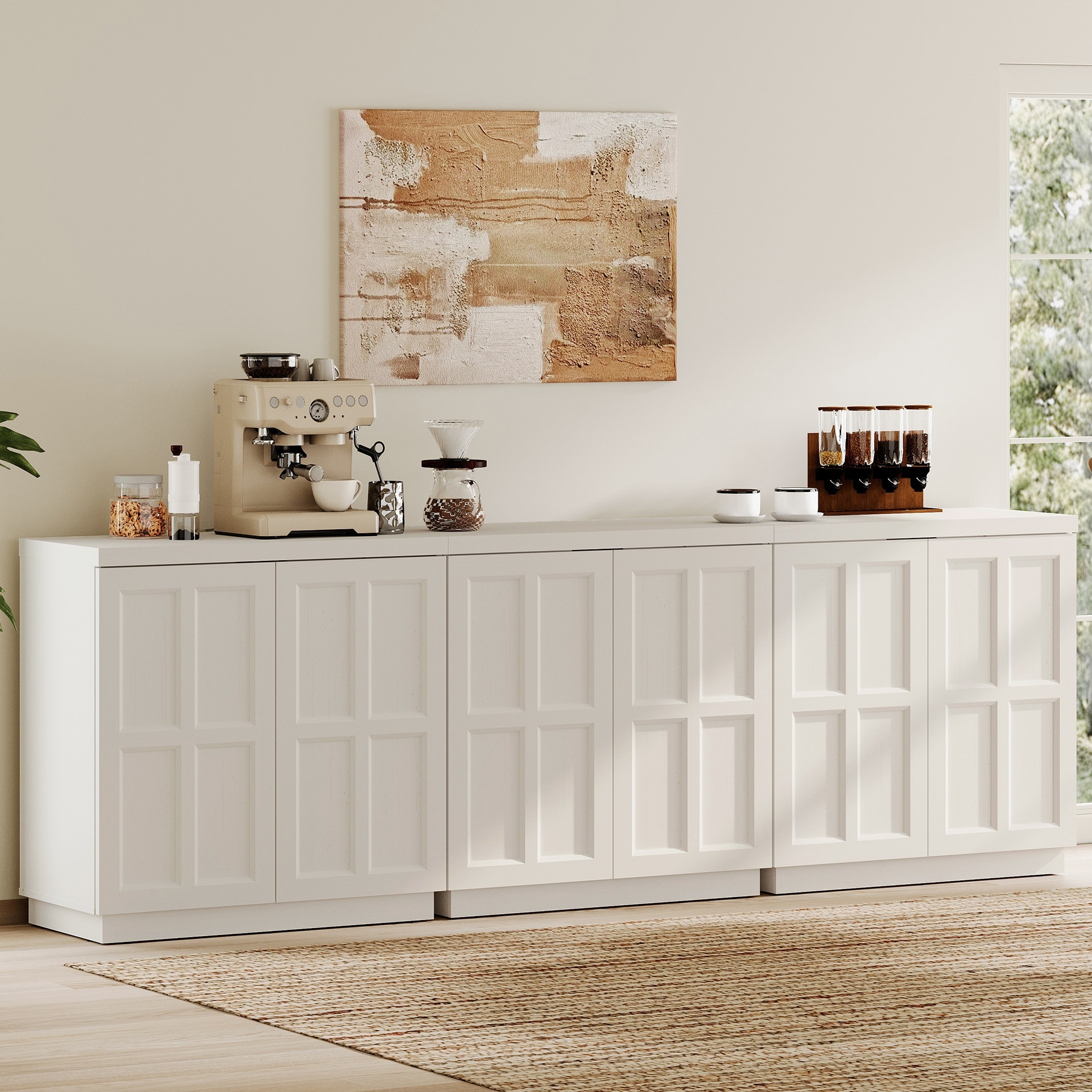 HOMOOI Modern Sideboard with Adjustable Shelves and Spring-loaded Door, Boho Wood Buffet Cabinet for Kitchen, Dining Room