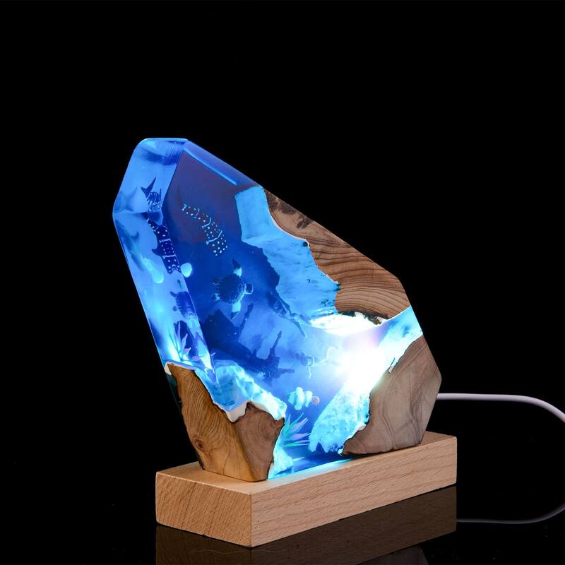 Shark Diver and Ocean Resin Wood Lamp, Ambient Night Light