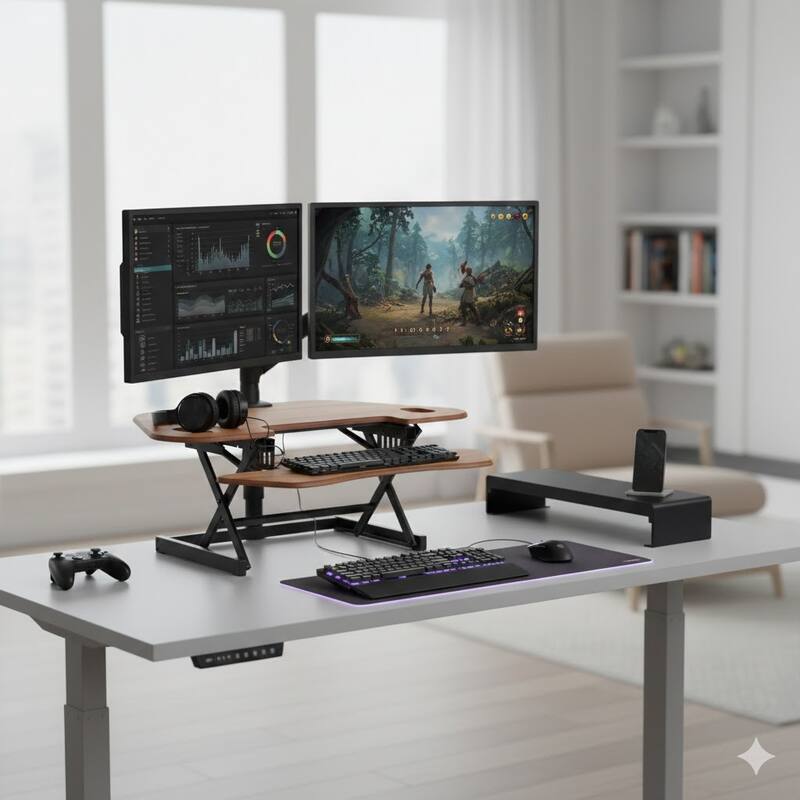 Rocelco 46 in. W Beige Height Adjustable Corner Standing Desk Converter with Anti Fatigue Mat and Dual Monitor Platform