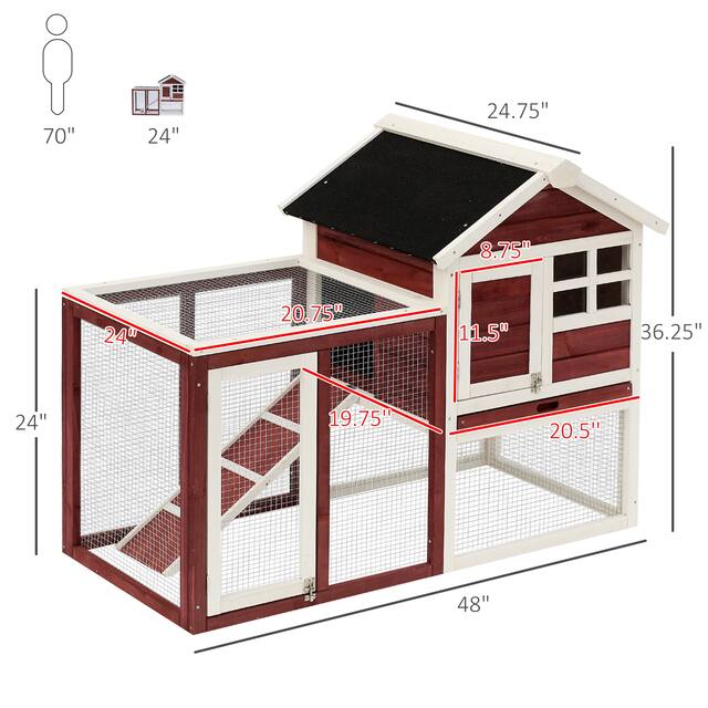 PawHut 48" Wooden Rabbit Hutch Bunny Cage with Waterproof Asphalt Roof, Fun Outdoor Run, Removable Tray and Ramp