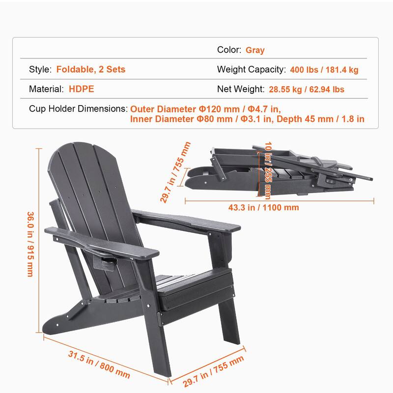 Set of 2 HDPE Folding Adirondack Chair with Wider Seat and Curved Backrest Ideal for Outdoor Use - 31.5 × 29.7 × 36.0 in