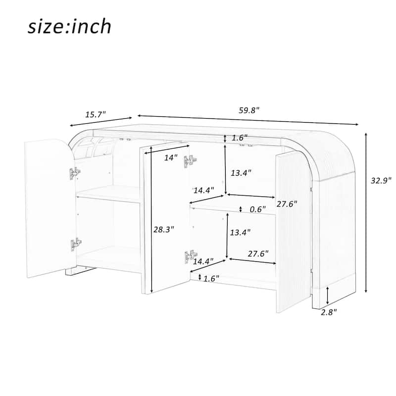 Curved Corner Storage Sideboard Cabinet - Wooden Buffet Cabinet with Adjustable Shelves
