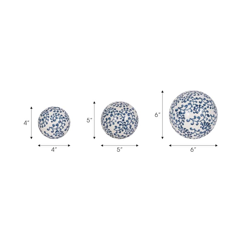 Sagebrook Home Blue and White Traditional Ceramic Decorative Orbs Set of 3 - 6" x 6" x 6"