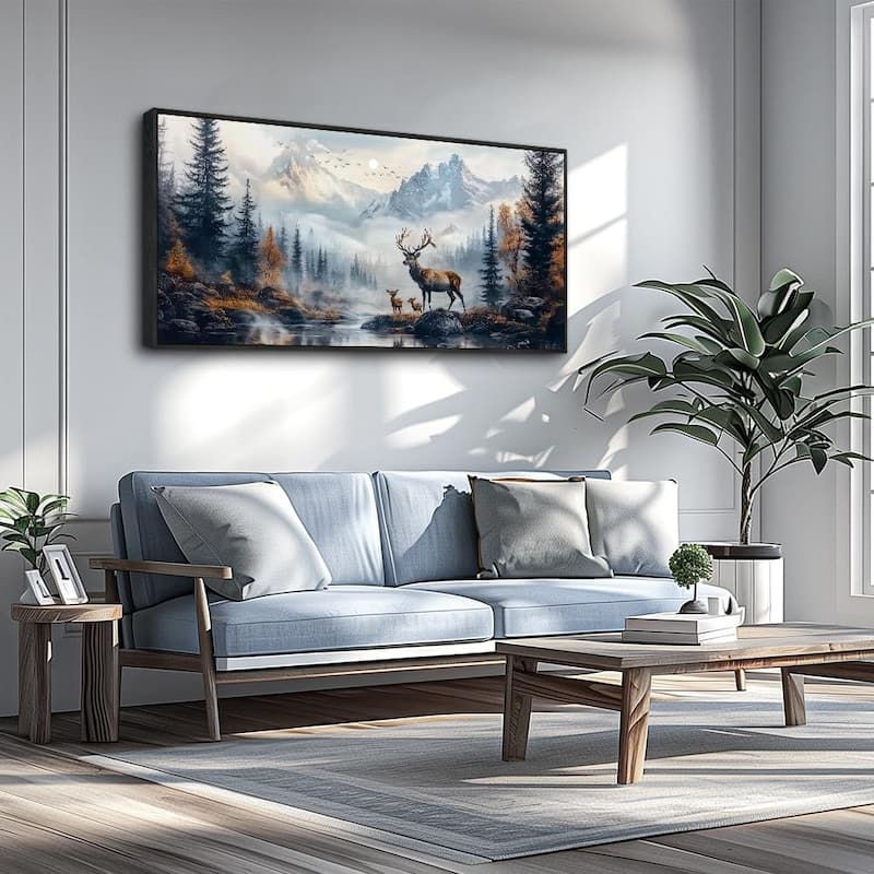 Elk Foggy Mountain Landscape Painting Scenery Stretched and Framed