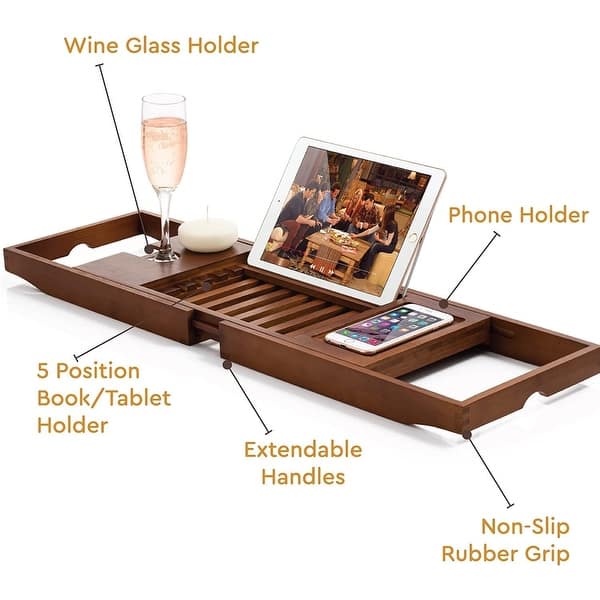 dimension image slide 1 of 2, Bathtub Tray for Tub - Adjustable Bamboo Bath Tray for Tub - Collapsible Bathtub Caddy Bath Tub Tray Wood - Bath Accessories
