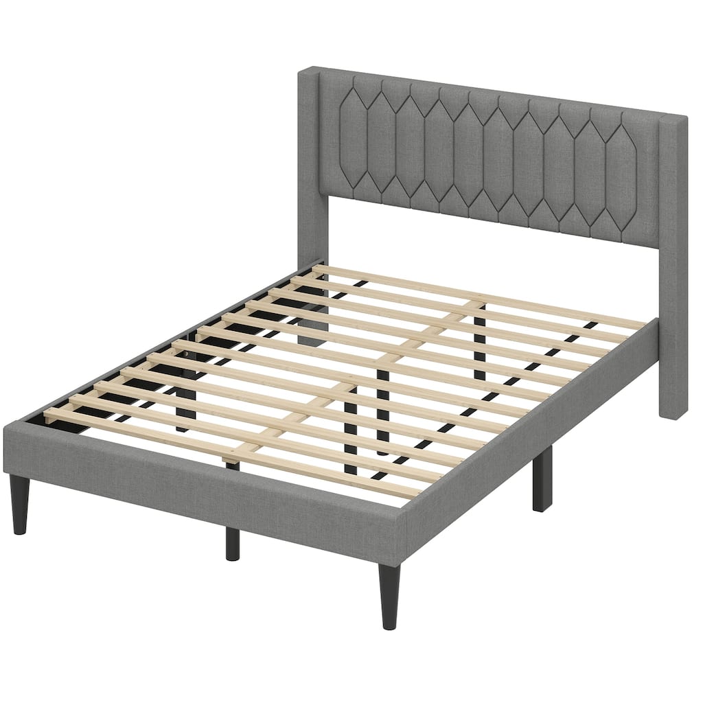Modern Queen Velvet Upholstered Bed Frame with Cushioned Wingback and 10 Legs Slatted Platform