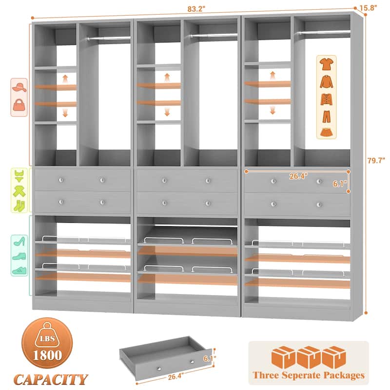 27.7'' Closet Organizer with Shoe Racks and Drawers, Closet System with Hanging Rod and Adjustable Shelves