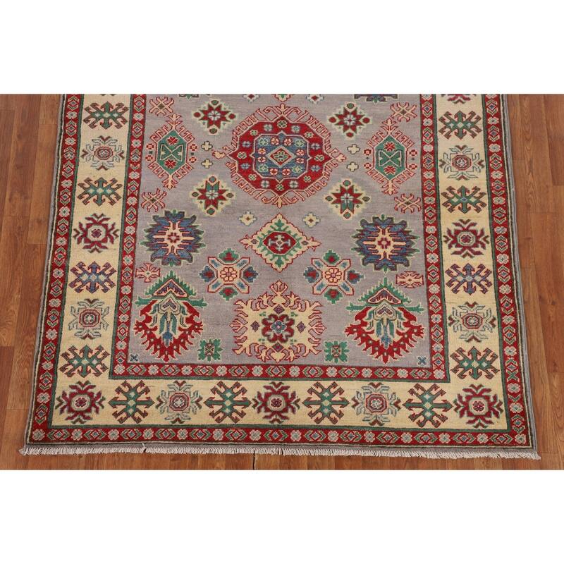 Grey Geometric Kazak Oriental Area Rug Handmade Wool Carpet - 5'1" x 6'9"