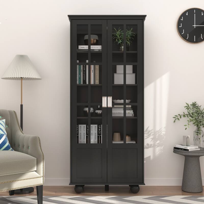 Media Storage Cabinet Acrylic GlassDoor Bookcase Kitchen Buffet Office - Black