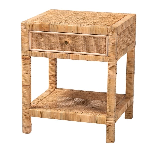 Adelia Modern Bohemian Natural Rattan and Mahogany Wood 1-Drawer Nightstand
