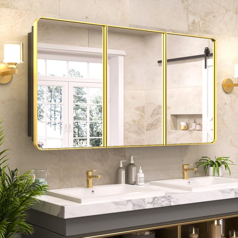 KEONJINN Medicine Cabinets for Bathroom with Mirror, Stainless Steel 1-3 Framed Doors - 60''x32'' - Gold