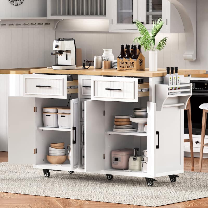 56.5"Kitchen Island with Drop Leaf, Power Outlet, Rolling Kitchen Cart on Wheels with 4 Doors, 5 Drawers and Adjustable Shelves