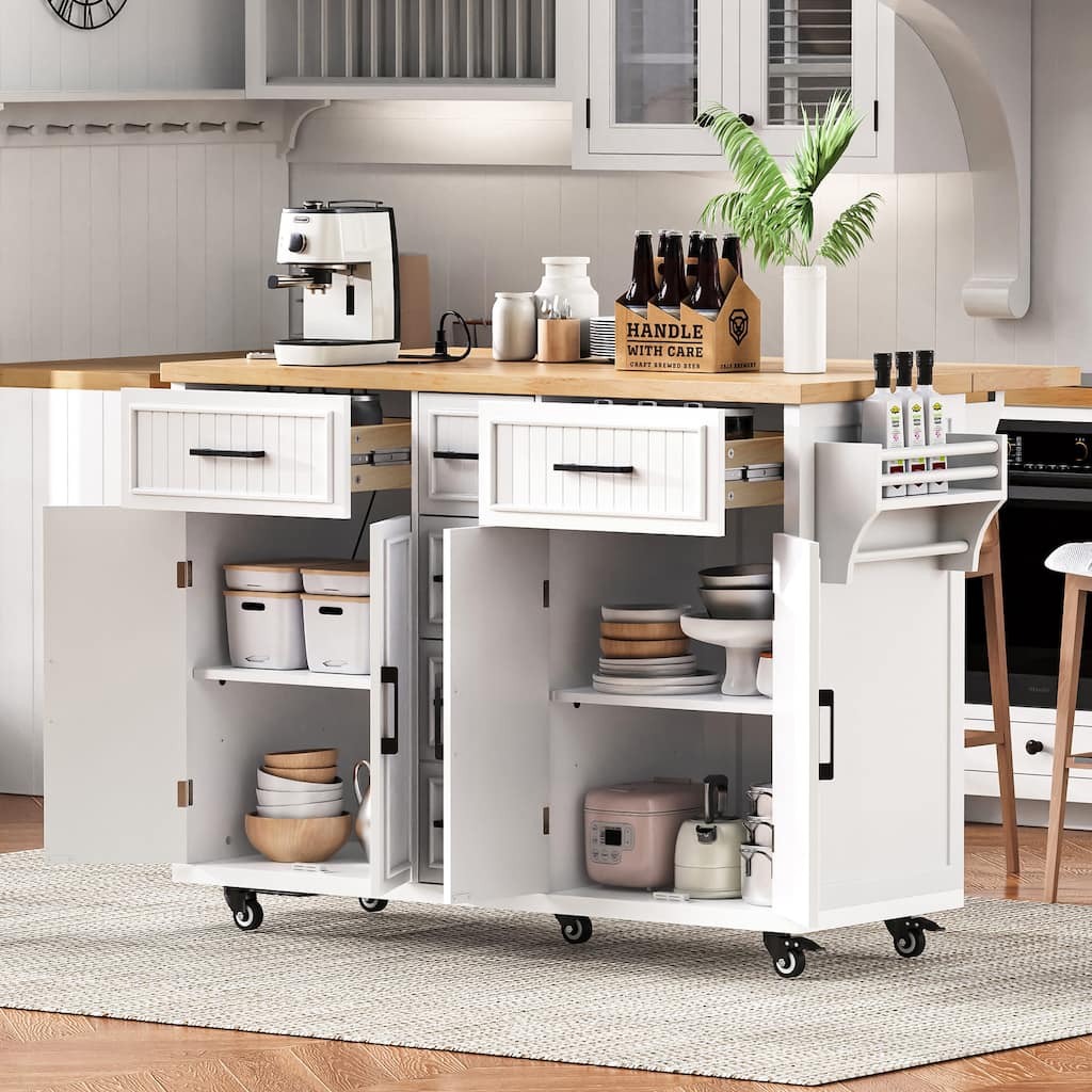Kitchen Island with 5 Drawers & Charging Station, Rolling Kitchen Cart with Drop Leaf & Storage Cabinets