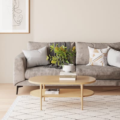 Nathan James Sonia Bohemian 2-Tier Oval Cane Coffee Table in Light Wood With Rattan Storage Shelf