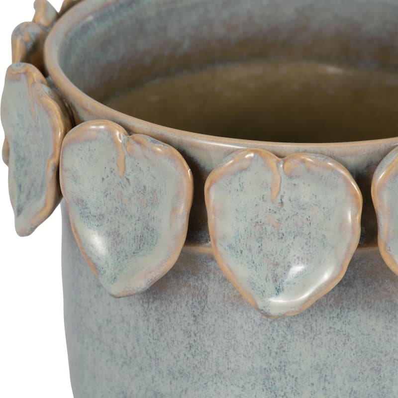 Stoneware Ceramic Planter Handcrafted Sculpted Leaf Embellishments