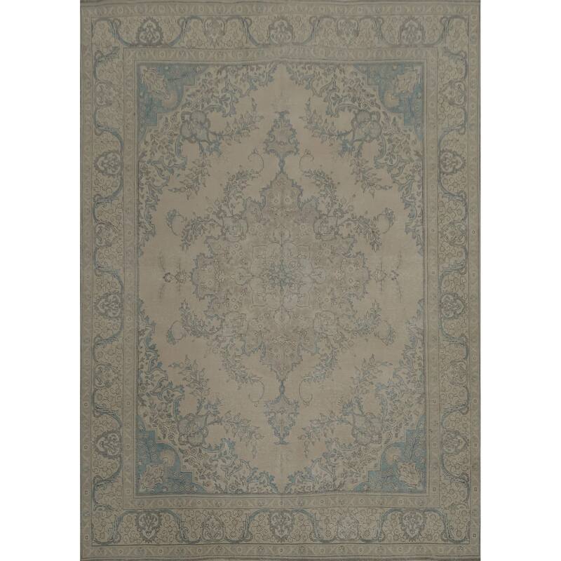 Hand Knotted Oriental 100% Wool Carpet Traditional Medallion Beige & Ivories Tabriz Area Rug - 12' 8'' X 9' 11''