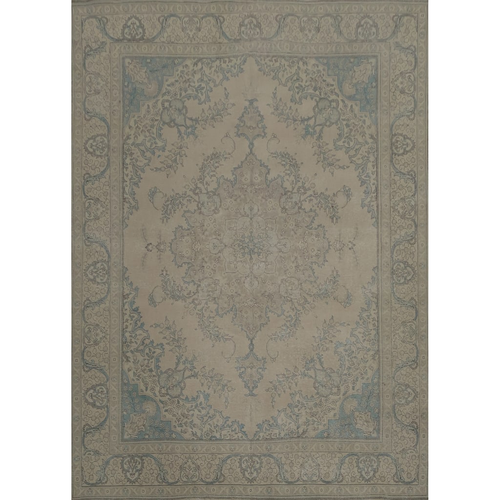 Hand Knotted Oriental 100% Wool Carpet Traditional Medallion Beige & Ivories Tabriz Area Rug - 12' 8'' X 9' 11''