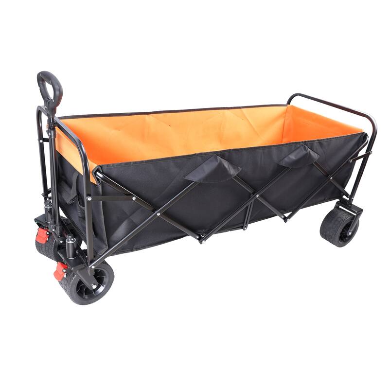 Extra-Long Folding Wagon Cart - Large Capacity Garden & Beach Hauler, Black & Orange
