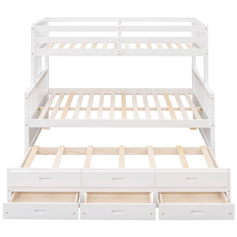 Twin-Over-Full Bunk Bed with Twin Trundle, Space-Saving Design with Drawers, White