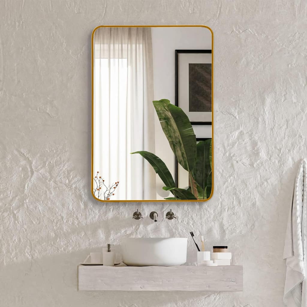 GDFStudio - Norda Contemporary Soft Edge Rectangular Metal Bathroom Wall Mirror with Moisture Resistant Construction