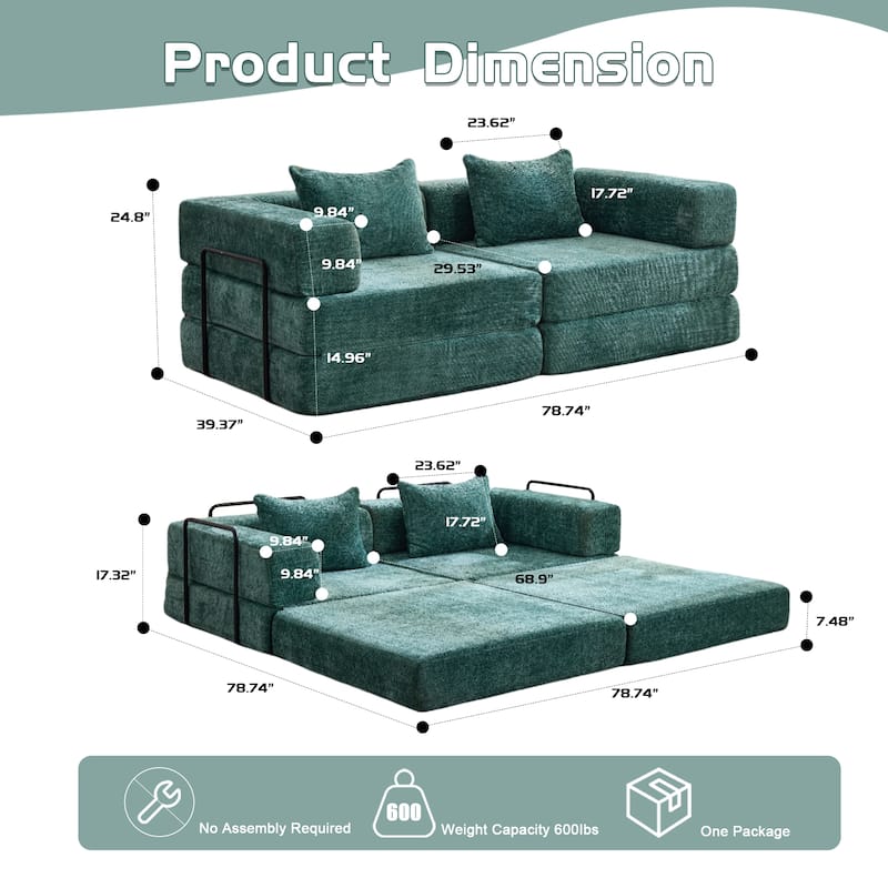 Convertible Floor Sofa Bed - Fixed Frame Chenille Loveseat, Modular Sectional, No Assembly Required