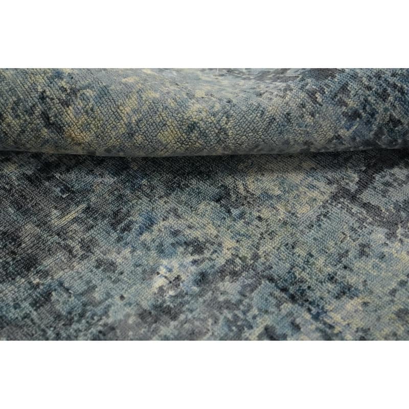 Hand Knotted Oriental Viscose Silk Carpet Modern Abstract Navy Blue & Blues Abstract Area Rug - 7' 10'' X 5' 3''