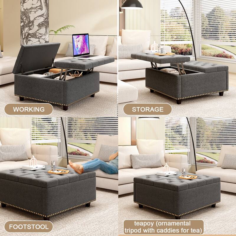 Cotton Square Chair with Storage,Ottoman with Storage,Double Door Storage Footstool,Coffee Table,Nailhead Trim