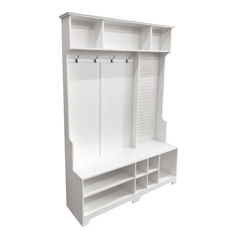 Entryway Bench with 4 Coat Hooks and Storage Pegboard, Modern Hall Tree with Shoe Cabinet for Living Room, Hallways