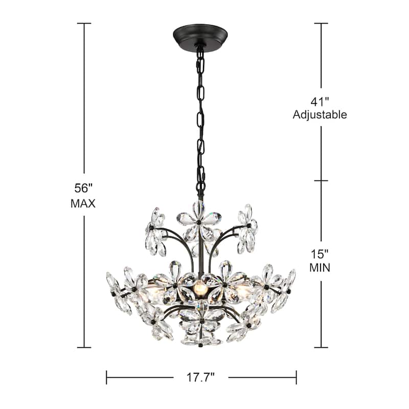 Rosa 6 Lights Antique Black Daisy Flower Crystal Chandelier - 17.7 inches in diameter x 15 inches H