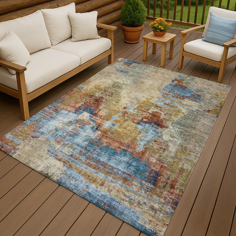 Machine Washable Indoor/ Outdoor Abstact Contemporary Chantille Rug