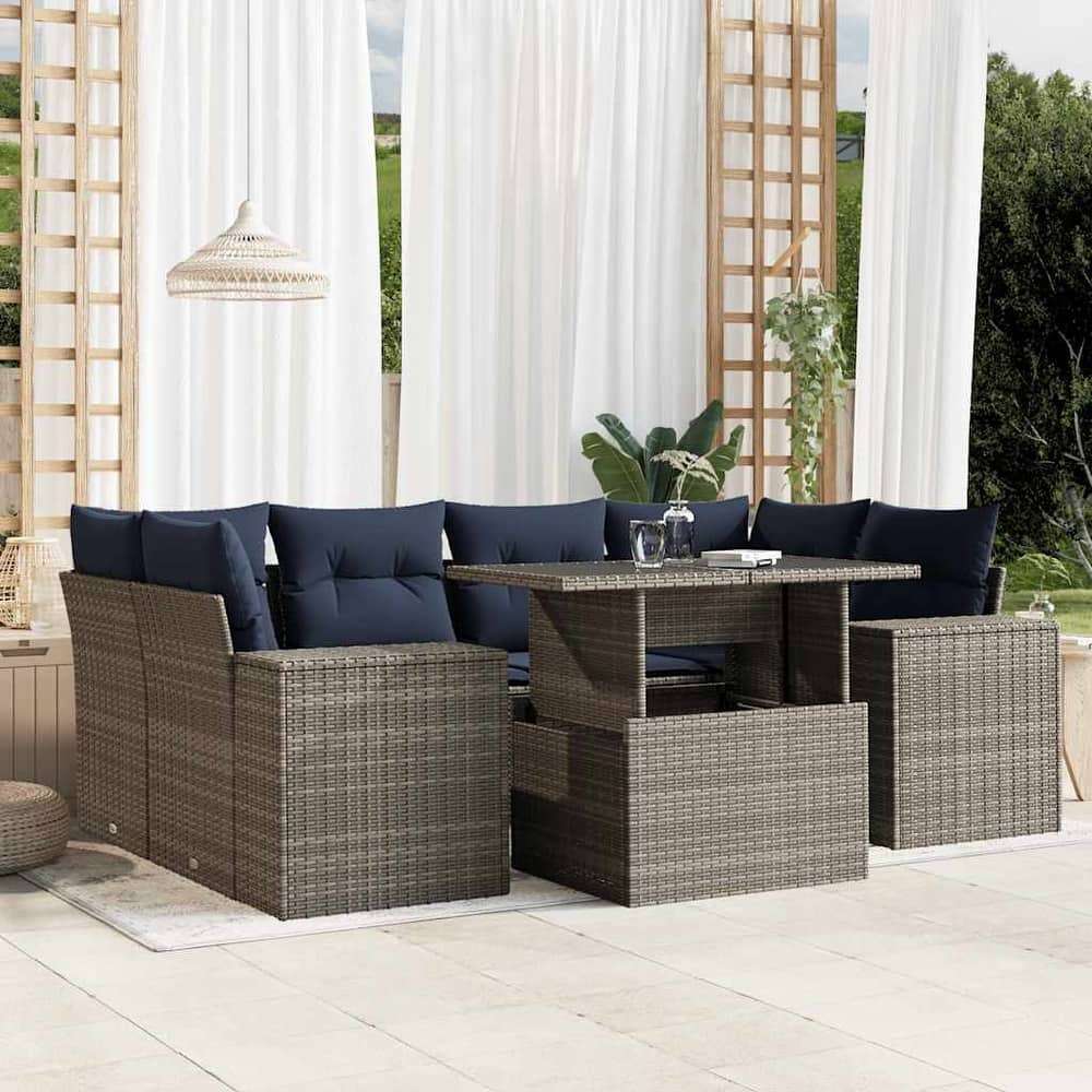 vidaXL Patio Sofa Set with Cushions Table and Couches 7 Piece Poly Rattan