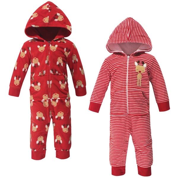slide 1 of 1, Hudson Baby Infant Fleece Jumpsuits, Coveralls, and Playsuits 2pk, Red Reindeer 0 - 3 Months - Red