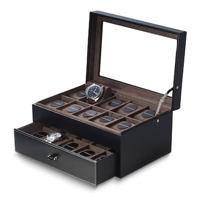 Curata Black Pebbled Leather Glass Lid 1-Drawer Velour Lined (Up to 50mm Bezel) 20-Watch Box