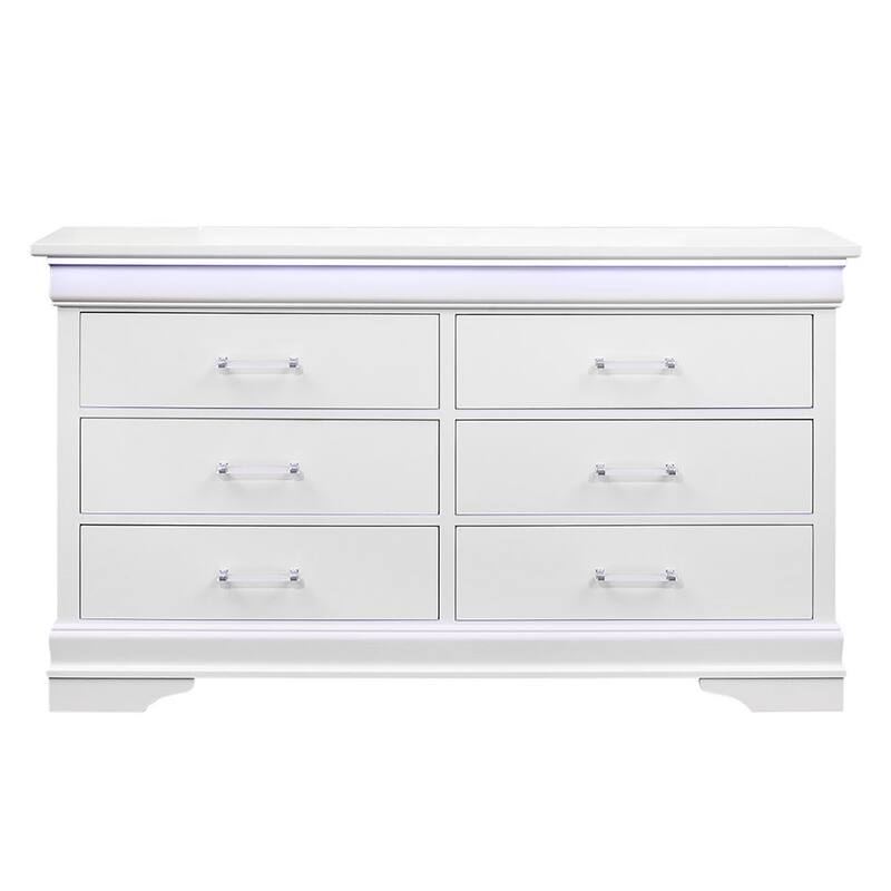 HomeRoots 59" White Solid Wood Six Drawer Double Dresser with LED