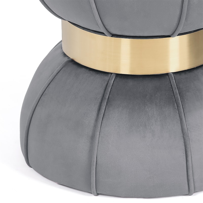 Adeco Modern Velvet Round Ottoman With Gold Metal Band