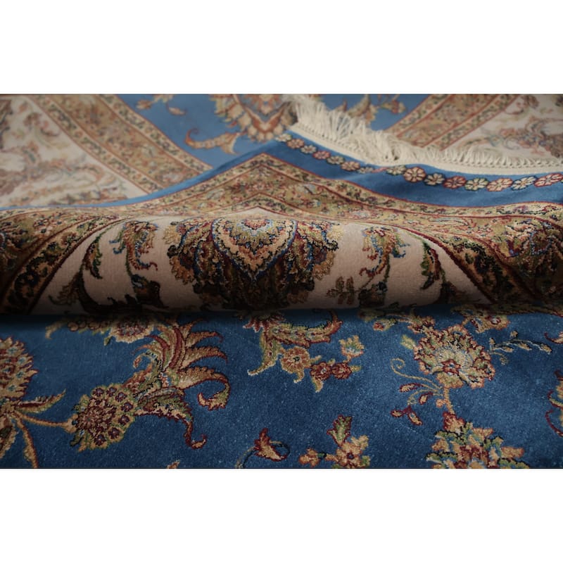 Machine Made Oriental 90% Silk - 10% Polyester Carpet Traditional Floral Navy Blue & Blues Qum Area Rug - 9' 10'' X 6' 7''