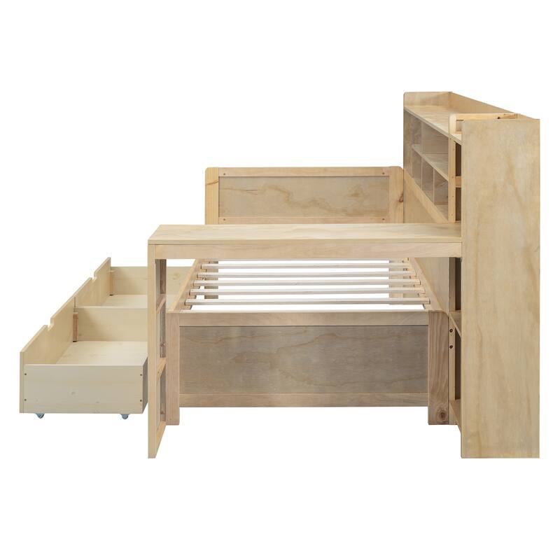 Wooden Twin Size Daybed with Storage Shelves, Multi-functional Bed with Two Storage Drawers and Study Desk