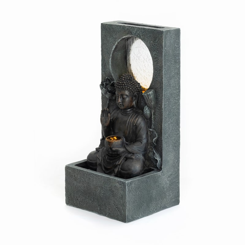 GDFStudio - Zen Fengshui 28" H Outdoor Freestanding Buddha Water Fountain with Calm Cascading Waterfall & LED Lights