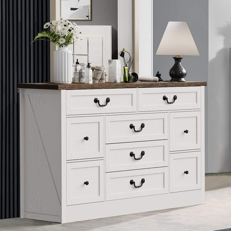 54" Farmhouse 9 Drawer Dresser with Charging Station, Wide Wood Dresser, Vintage Dressers TV Stand - wood