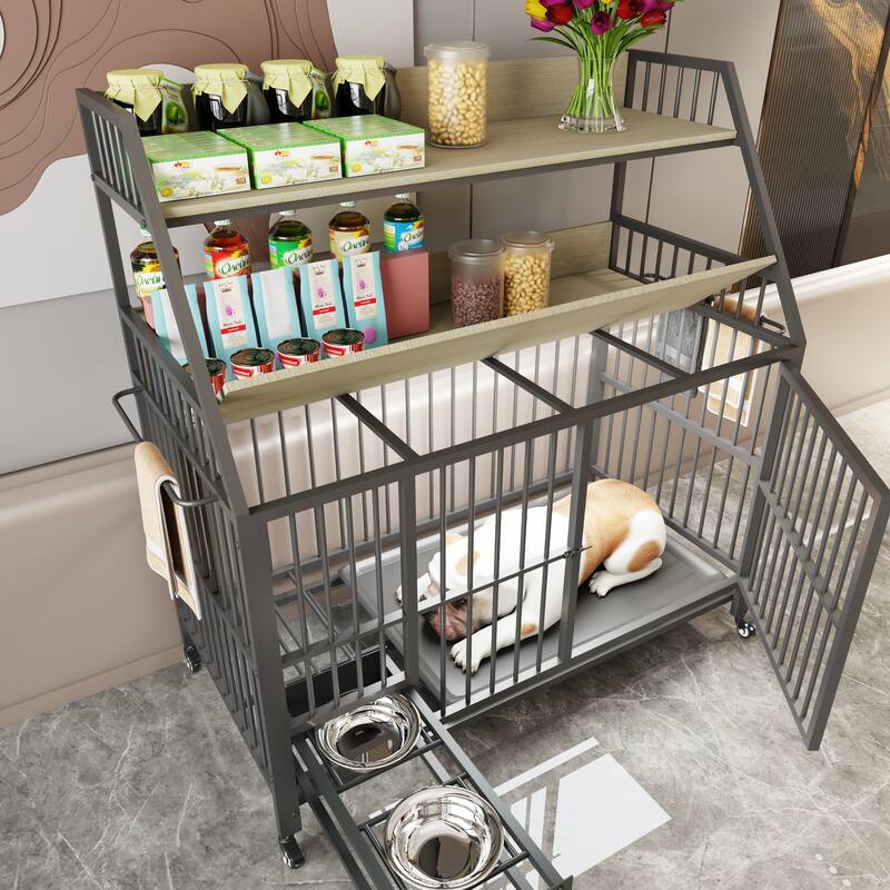 Large Pet Cage with Storage Rack, Drawers with Food and Water Basins, Double-Layer Storage Rack, Iron Frame and MDF Material