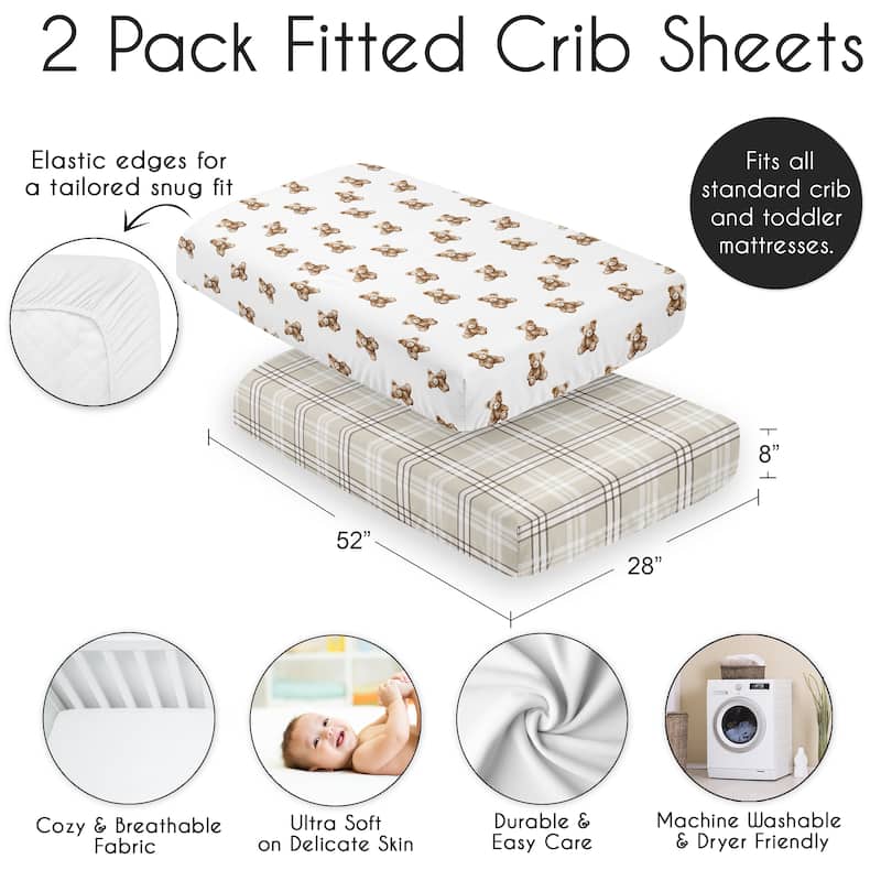 Sweet Jojo Designs Boho Teddy Bear Boy, Girl, Gender Neutral 2 Pack Fitted Crib Sheets -Taupe Plaid & Brown, Watercolor, Classic