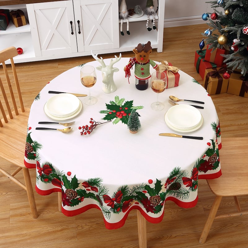 Round Christmas Tablecloth, Spill-Proof Circular Table Cover for Xmas Decor