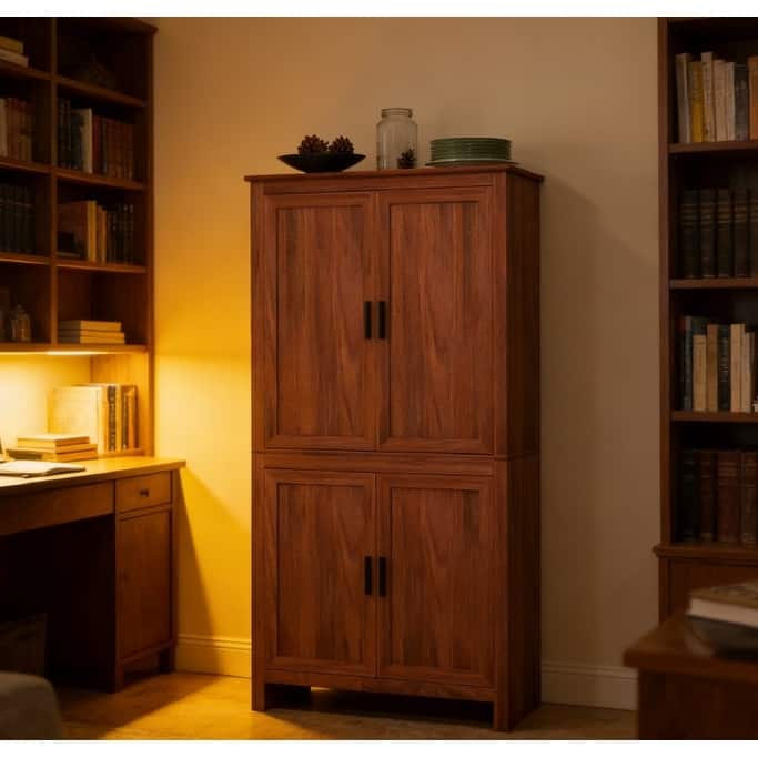 Rossetta Contemporary Chic Freestanding Kitchen Pantry Storage Cabinet with Adjustable Shelves and Back Anti-tipping Strap - Brown