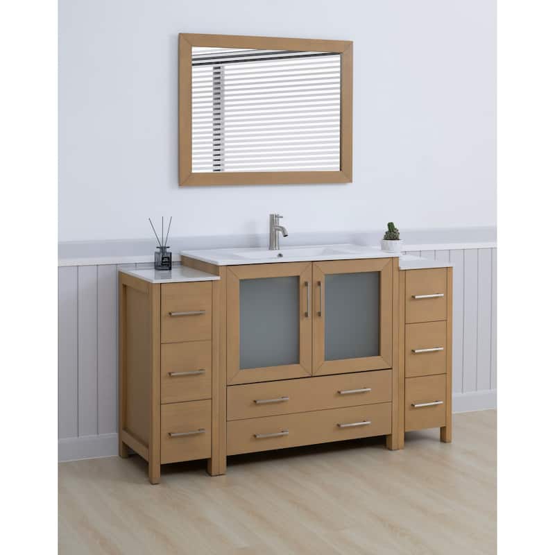 Vanity Art 60-Inch Single Sink Bathroom Vanity Set 8 Dove-Tailed Drawers 3 Cabinets 1 Shelf Soft-Closing Doors with Free Mirror