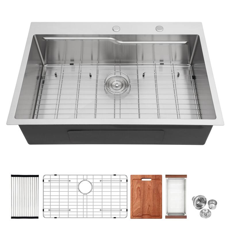 33" Drop in Kitchen Sink Single Bowl 16 Gauge Stainless Steel Ledge Workstation Kitchen Sink