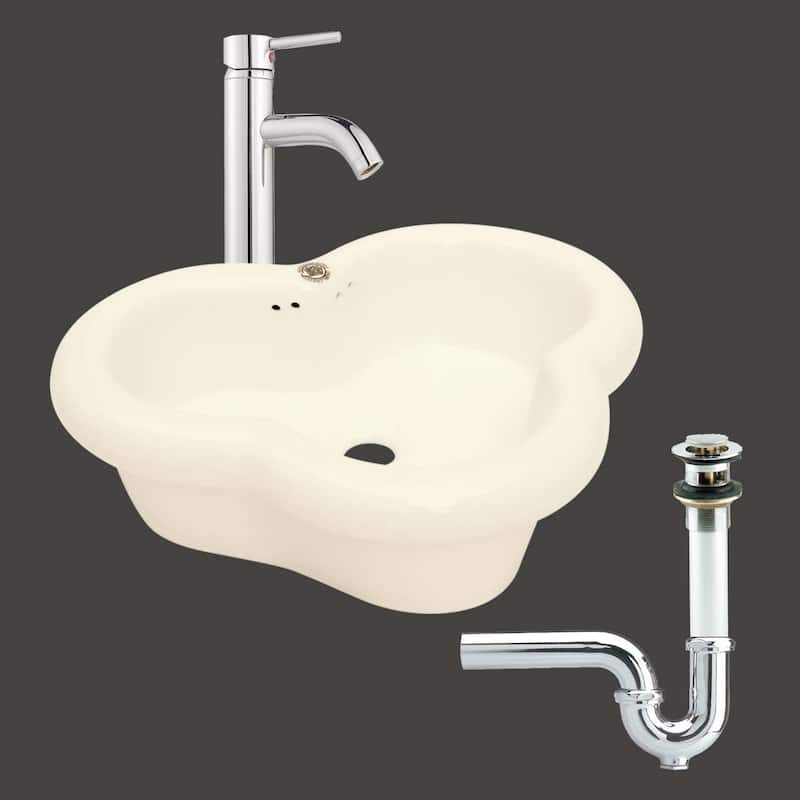 20" W Unique Countertop Vessel Bathroom Sink Biscuit Ceramic Sink With Overflow, Faucet, Drain and P-Trap Renovators Supply