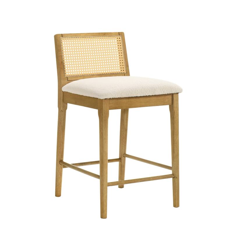 Tobias Rattan and Wood Bar Stool, Counter Height Kitchen Stool with White Boucle Fabric Upholstered Seat