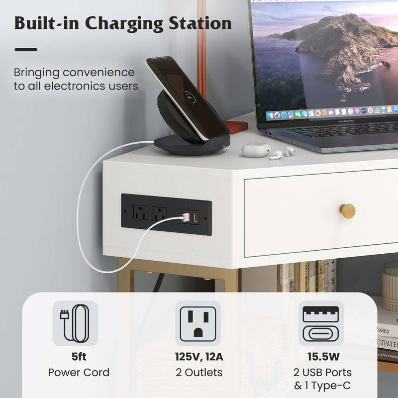 Costway Corner Desk with Built-in Charging Station Storage Drawers &