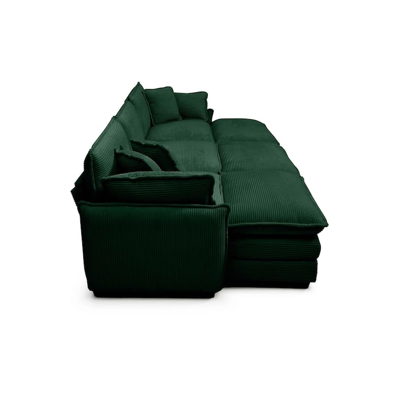Green 6-Piece Corduroy Modular Sleeper Sectional Sofa with 3 Ottomans & 5 Pillows